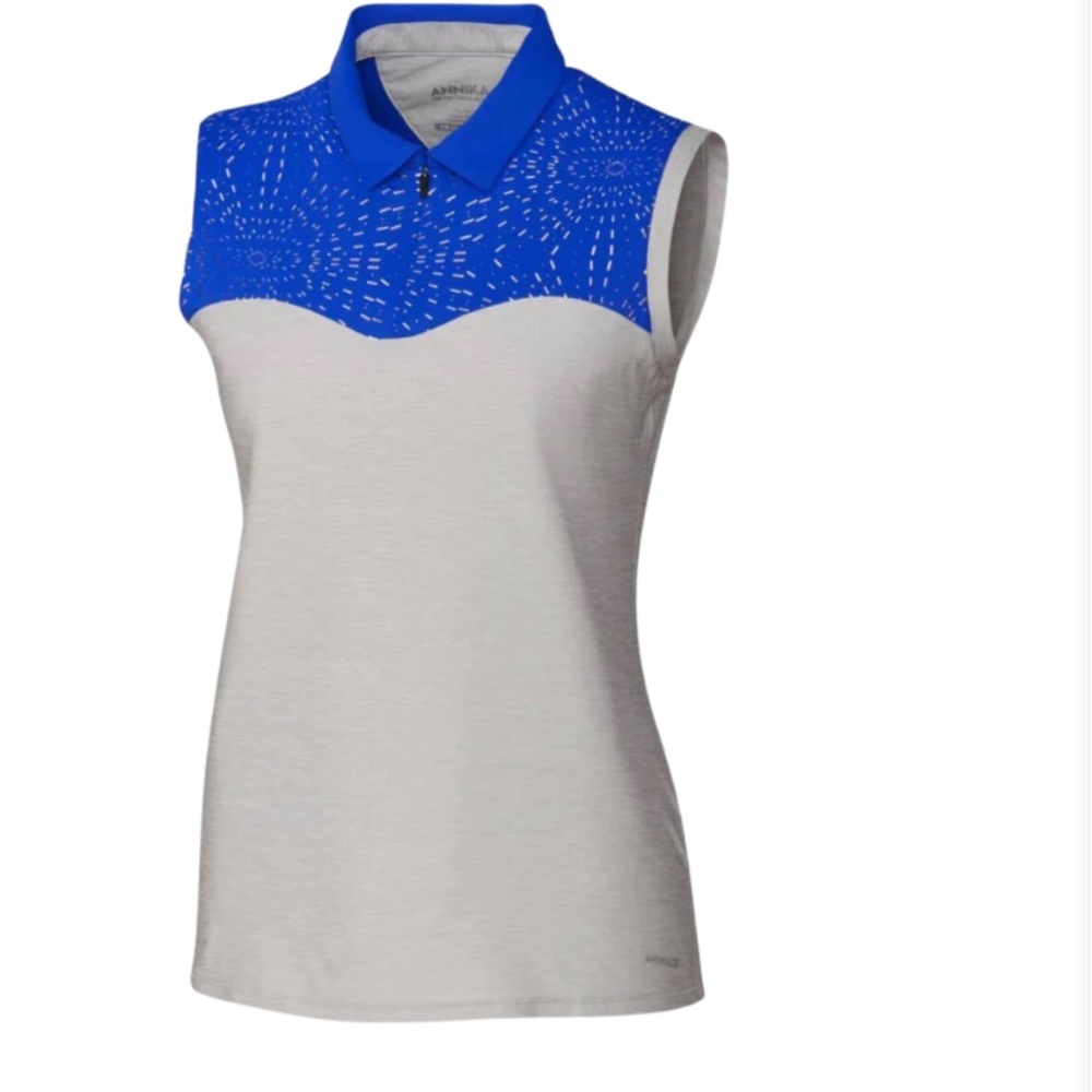 Annika Cutter & Buck Focus Print Mix Polo Shirt Grey Blue Drytec UPF 50+ NWT S/P